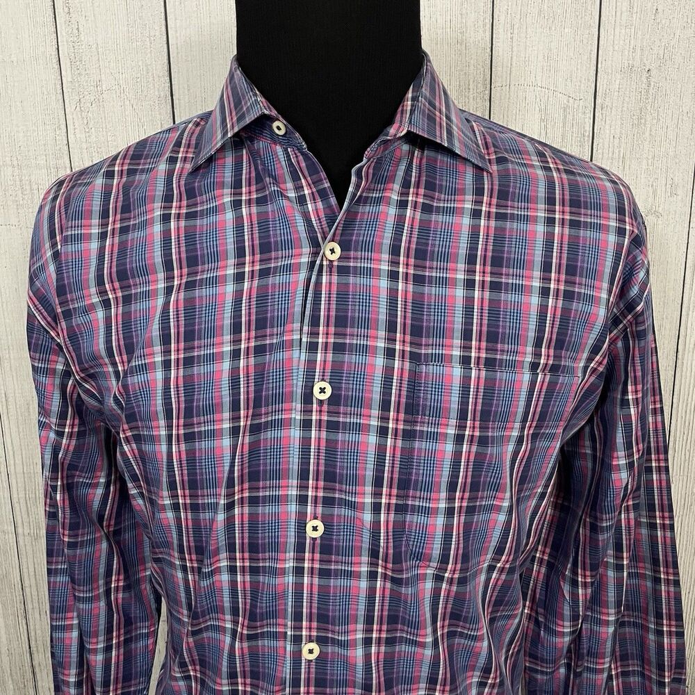 Peter Millar Men's XL Purple Check  Cotton Long Sleeve Button-Front Shirt